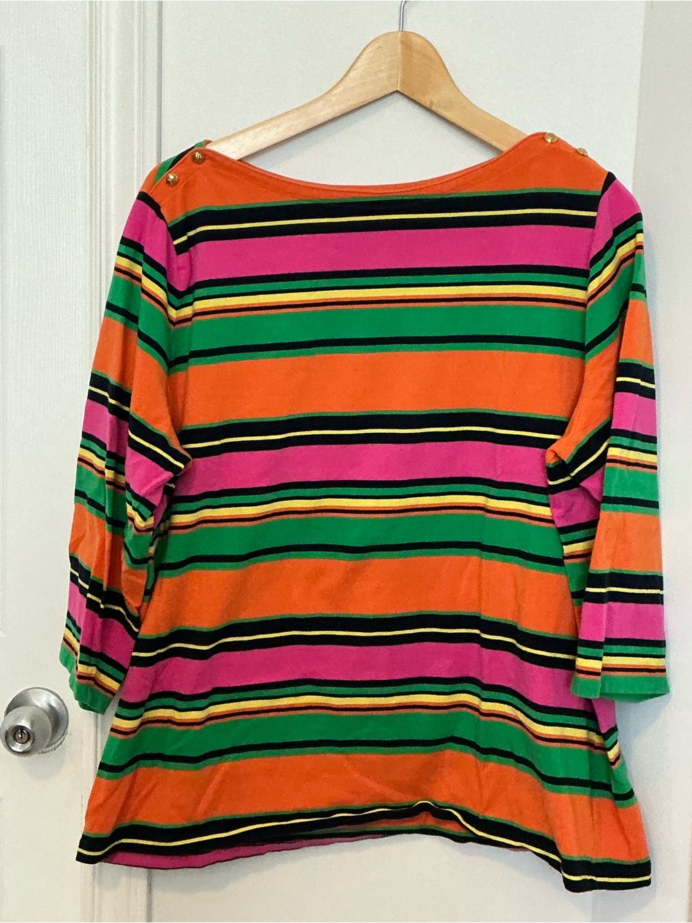 Striped Plus Sized Ralph Lauren Boatneck Knit Top in Orange, Pink & Green